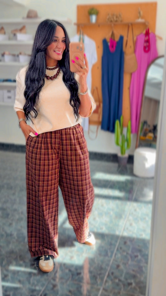 Brown Stripped Elastic Waist Plaid Pants