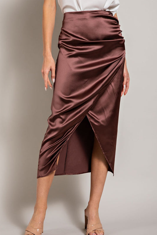 Brown Satin Ruched Midi Skirt