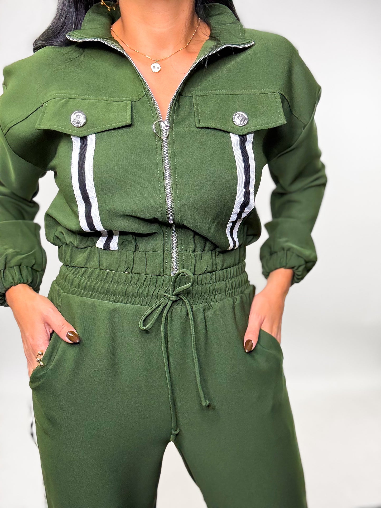 Olive Stripe Tape Zipper Jacket Pants Set