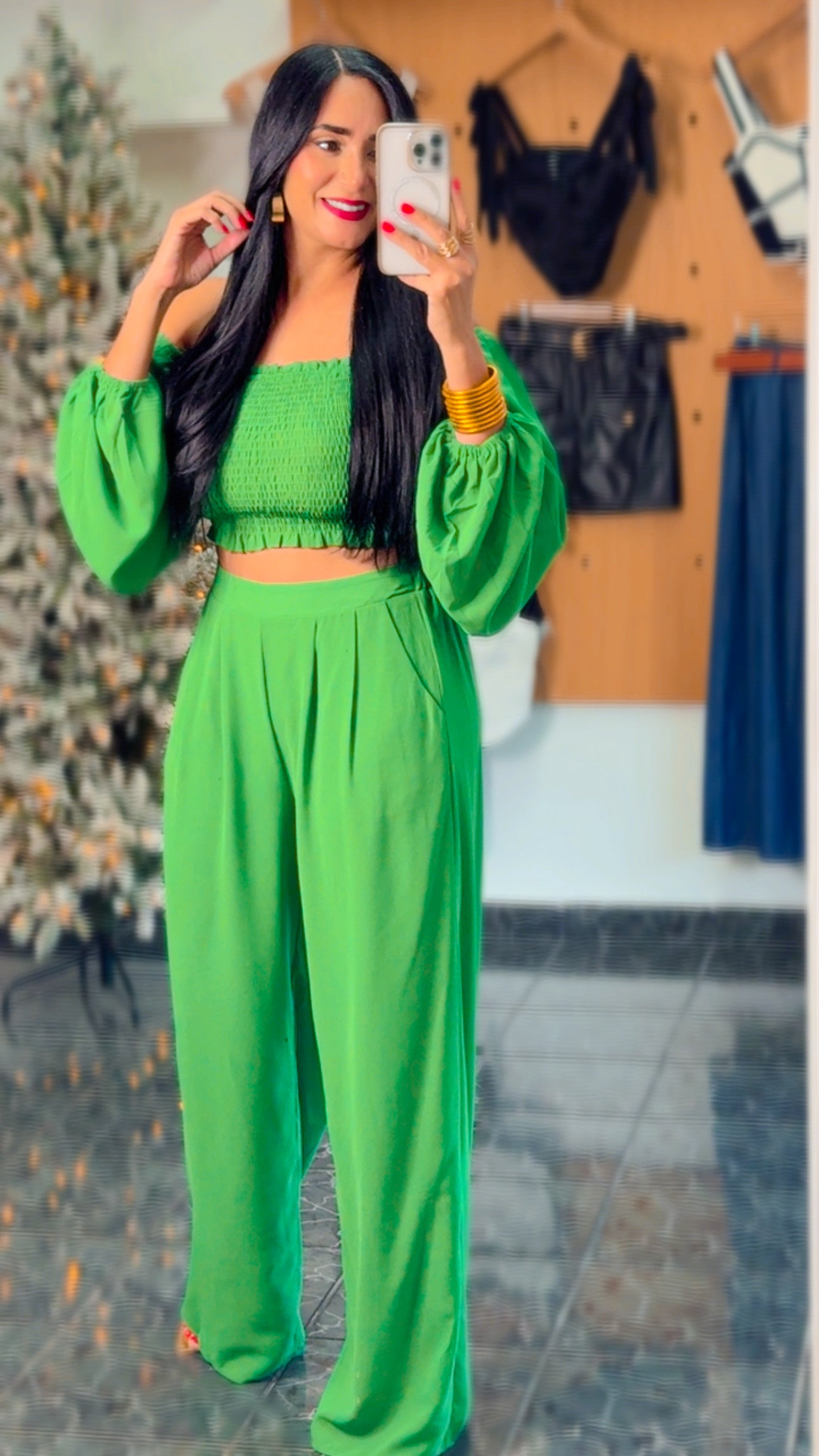 Hunter Green Smocked Woven Top & Pant Set