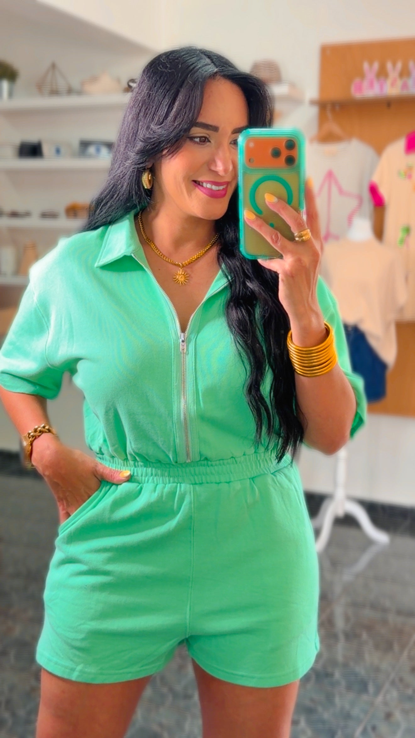 Mint Half Zipper French Terry Romper