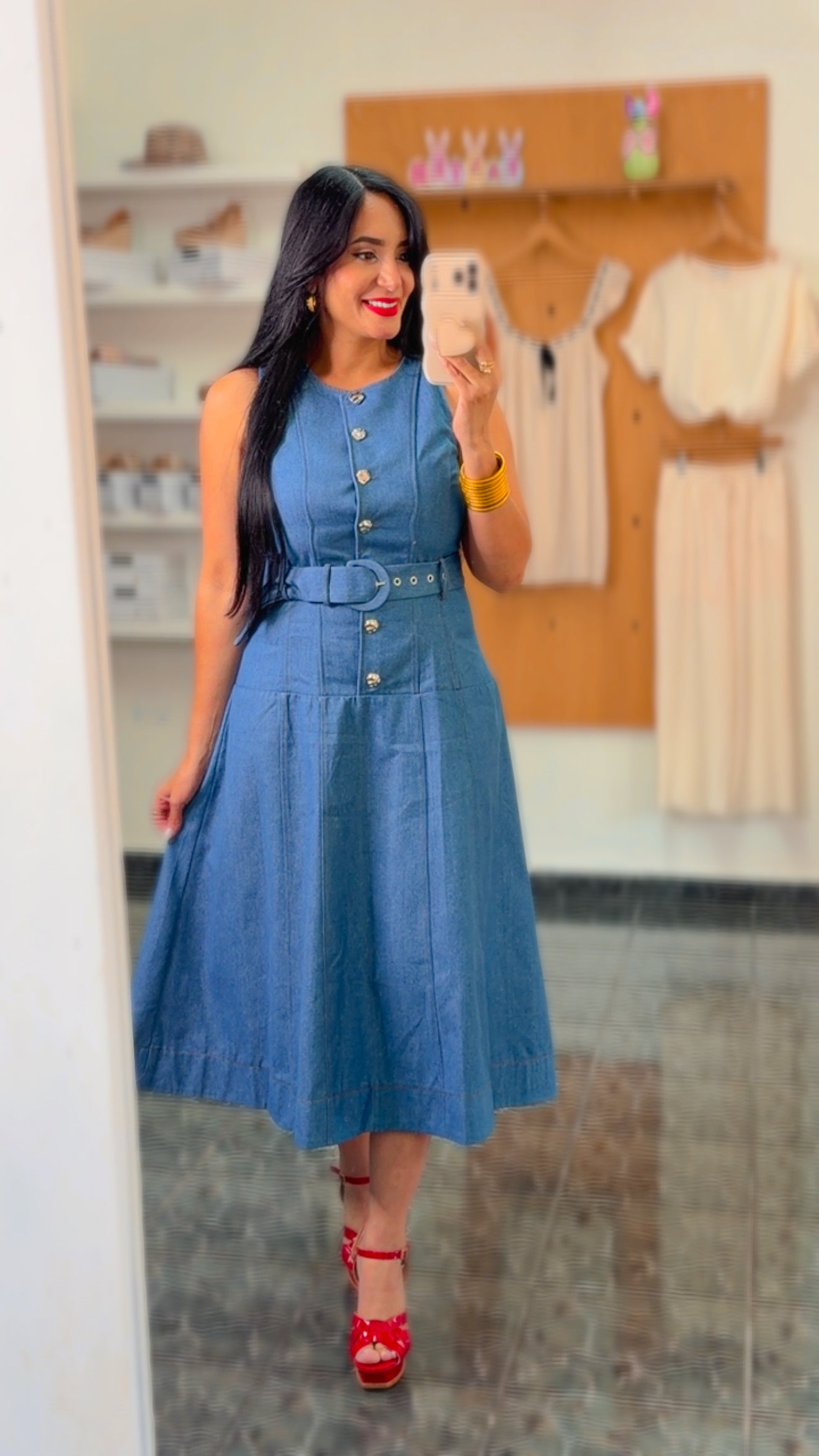 Denim Sleeveless Midi Belted Dress