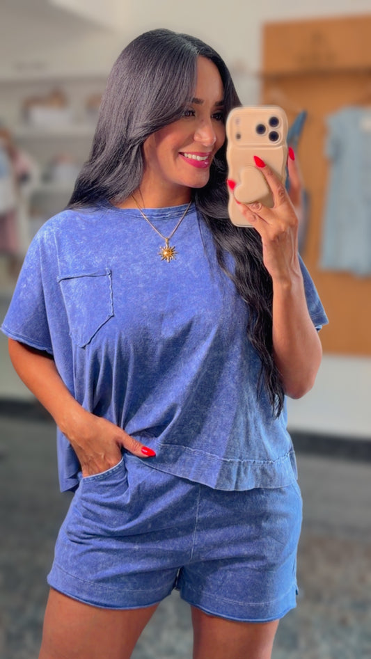 Navy Washed Boxy Top & Short Set