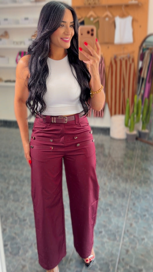 Burgundy Napoleon Belted Spandex Pants