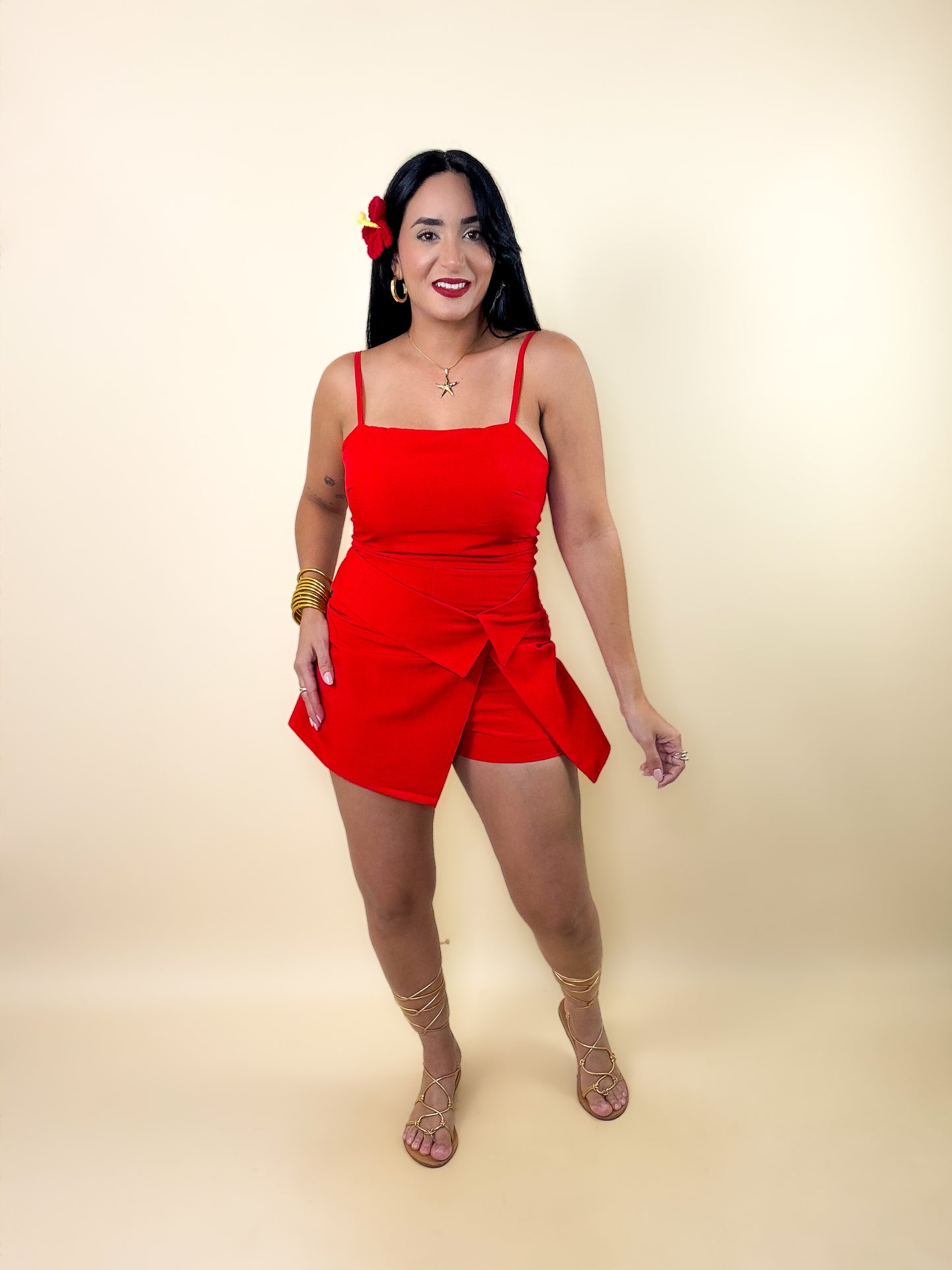 Red Romper With Lap Skirt