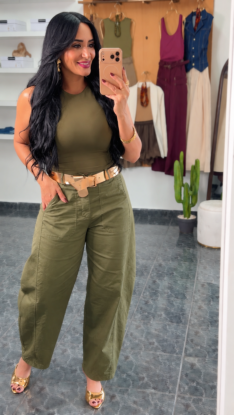 Italy Olive Belted Slouchy Barrel Pants