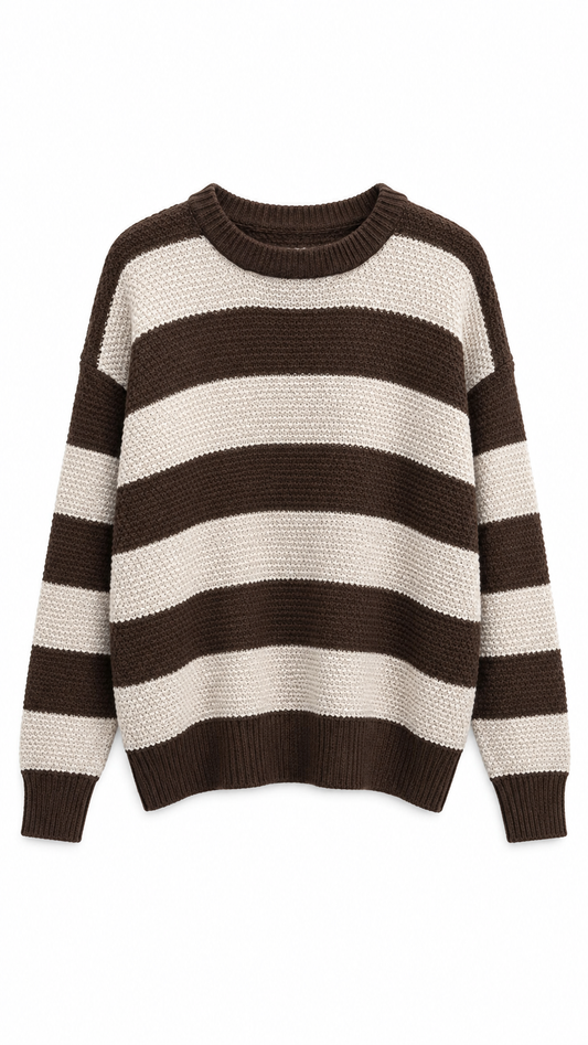 Brown Striped Drop Shoulder Sweater