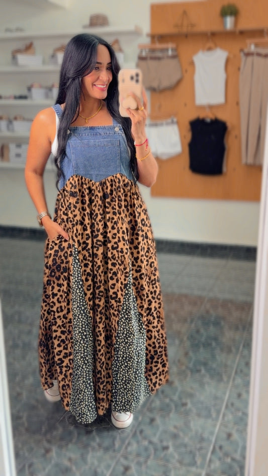 Denim Leopard Overall Pocket Dress