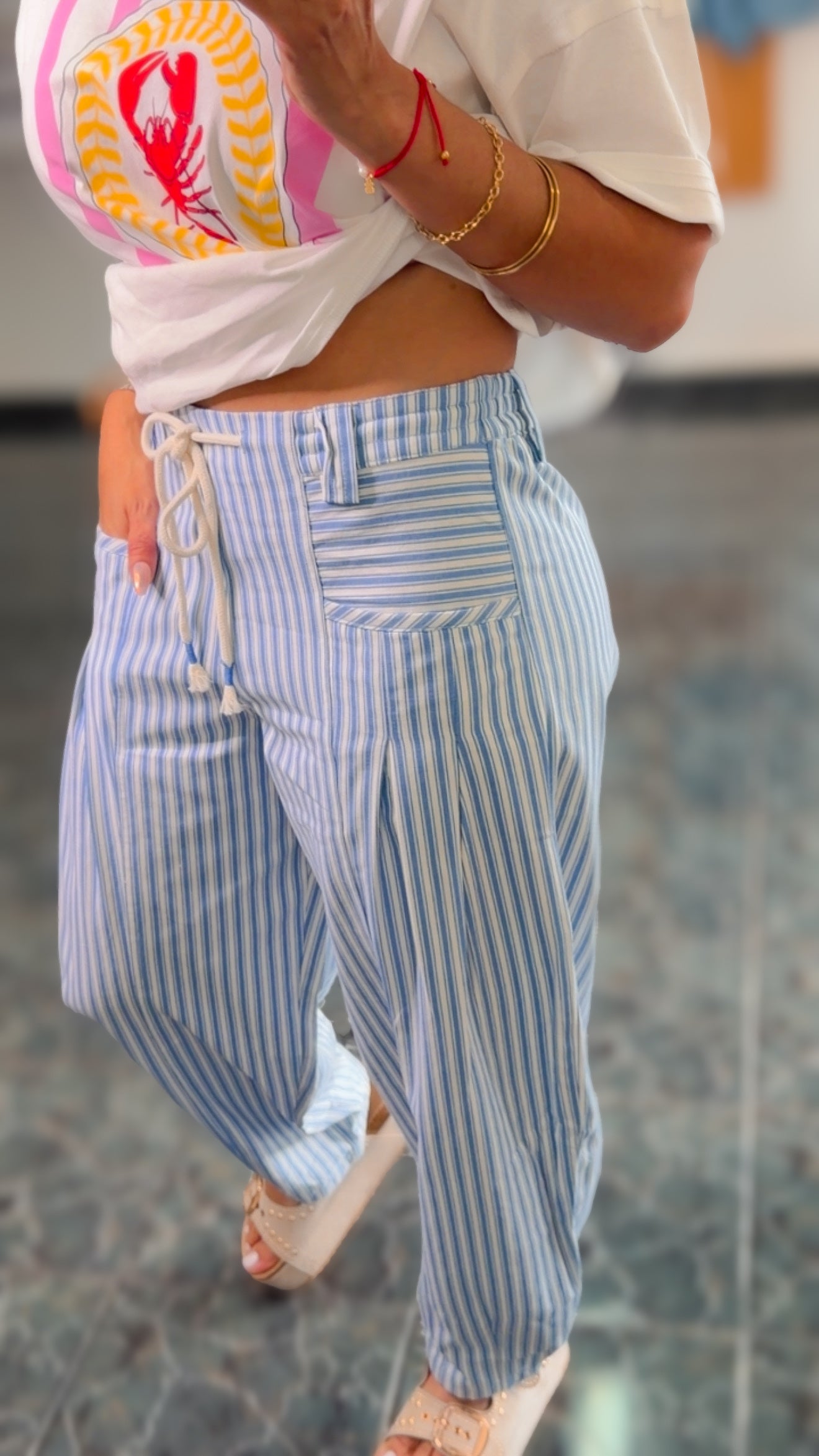 Blue Striped Barrel Denim Pants