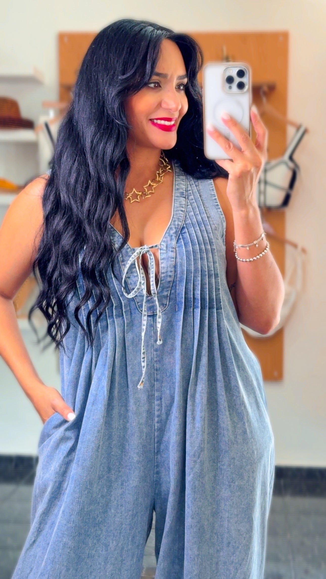 Washed Denim Wide Leg Jumpsuit