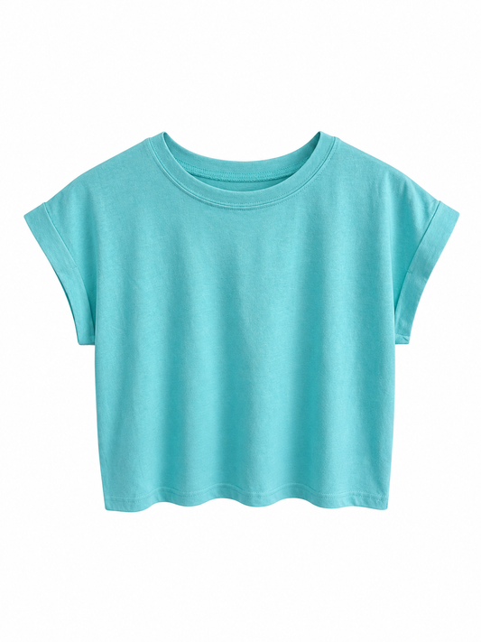 Turquoise Cotton Folded Sleeve Tshirt
