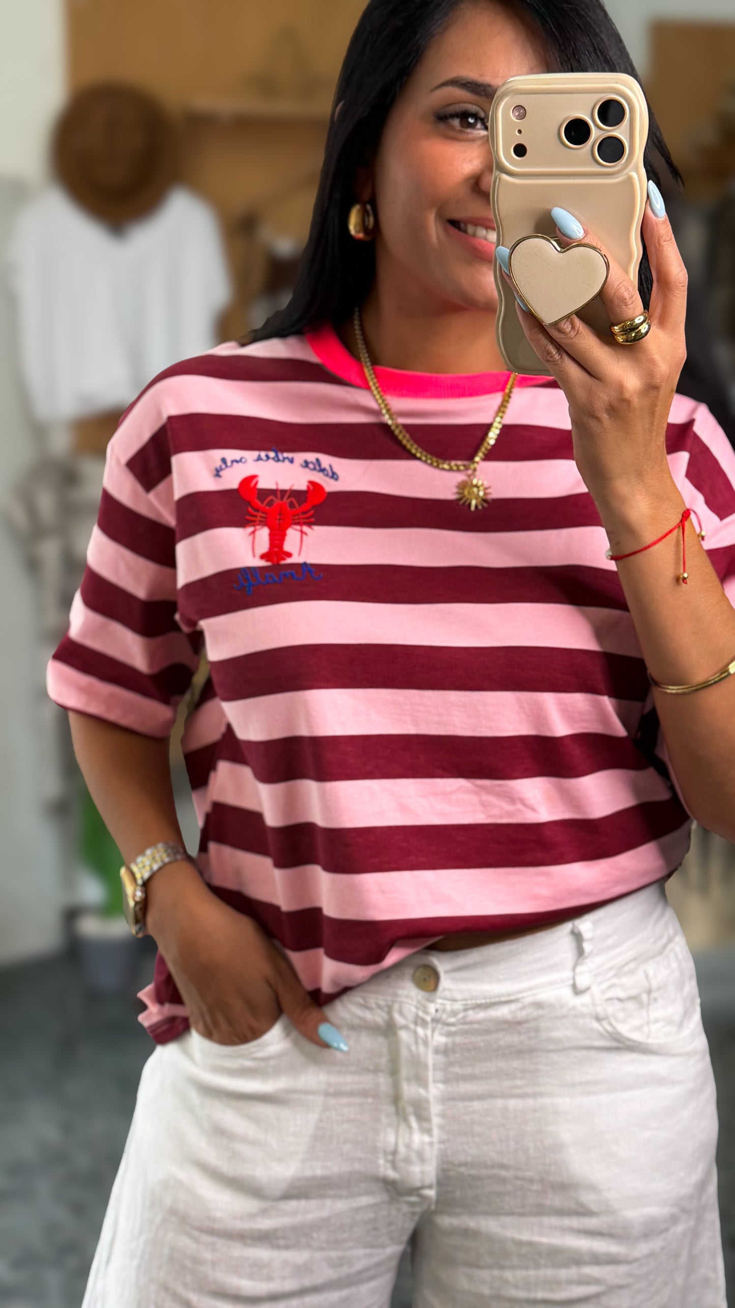 Italy Burgundy Small Lobster Striped Shirt