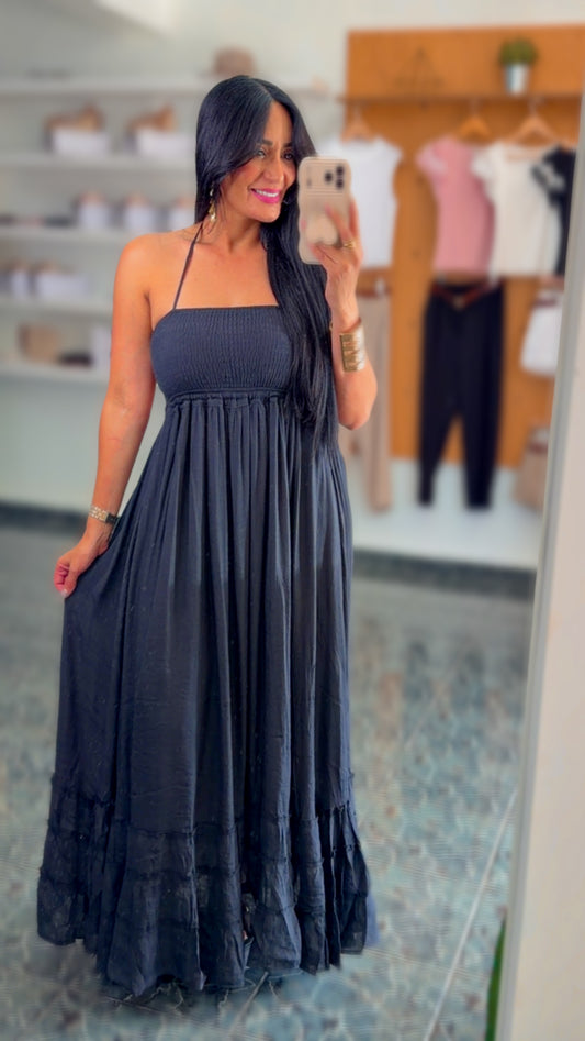 Black Rayon Halter Maxi Dress