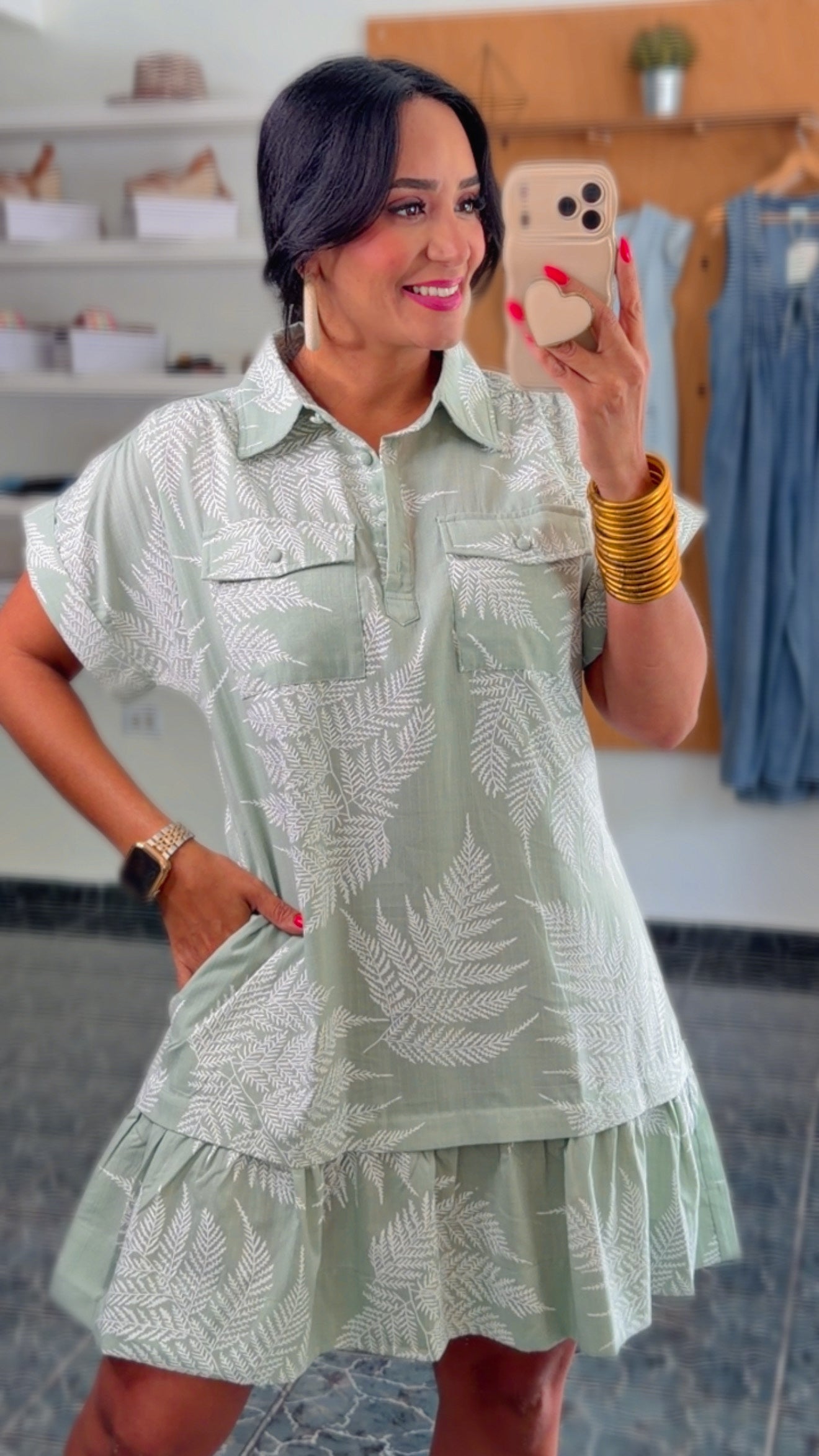 Mint Green Leaves Print Dress