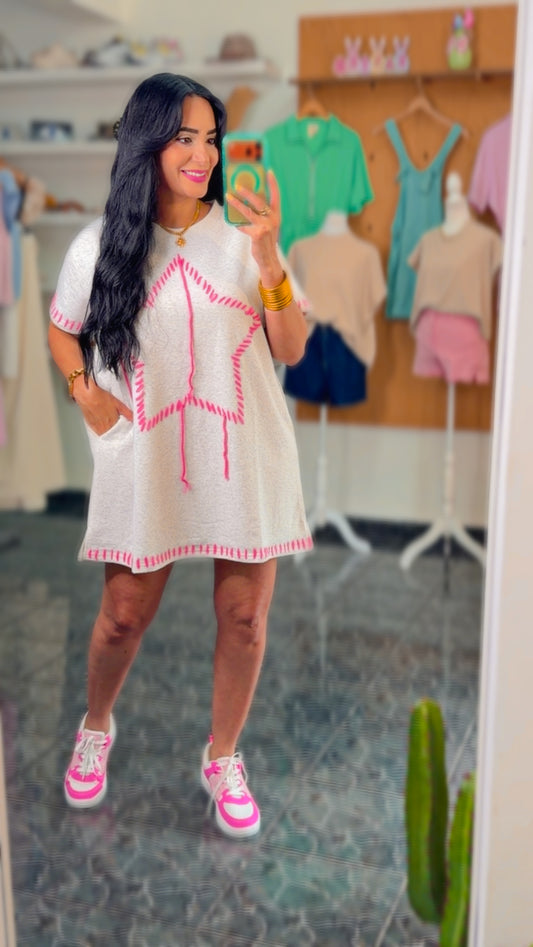 Grey/Pink Star Threaded Dress
