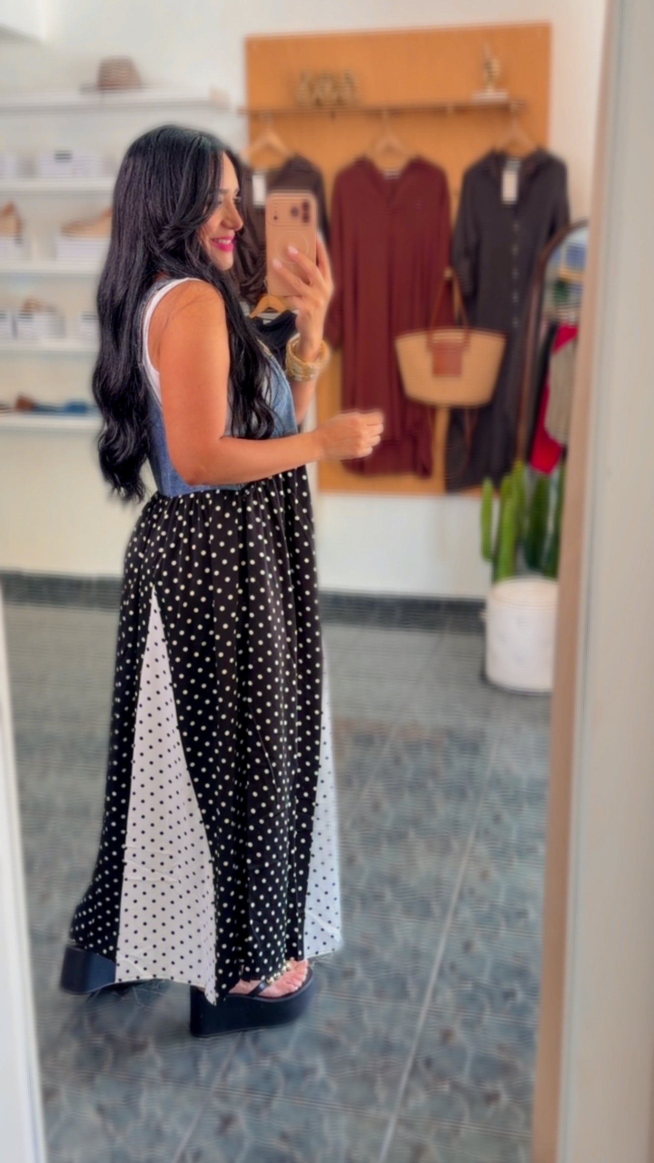Polka Dots Patchwork Denim Overall Dress