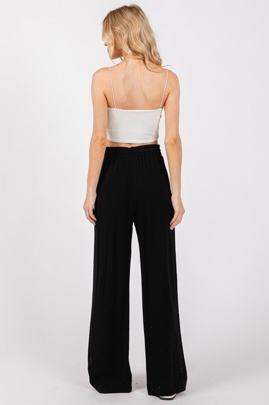 Black Drawstring Waist Wide Leg Pants