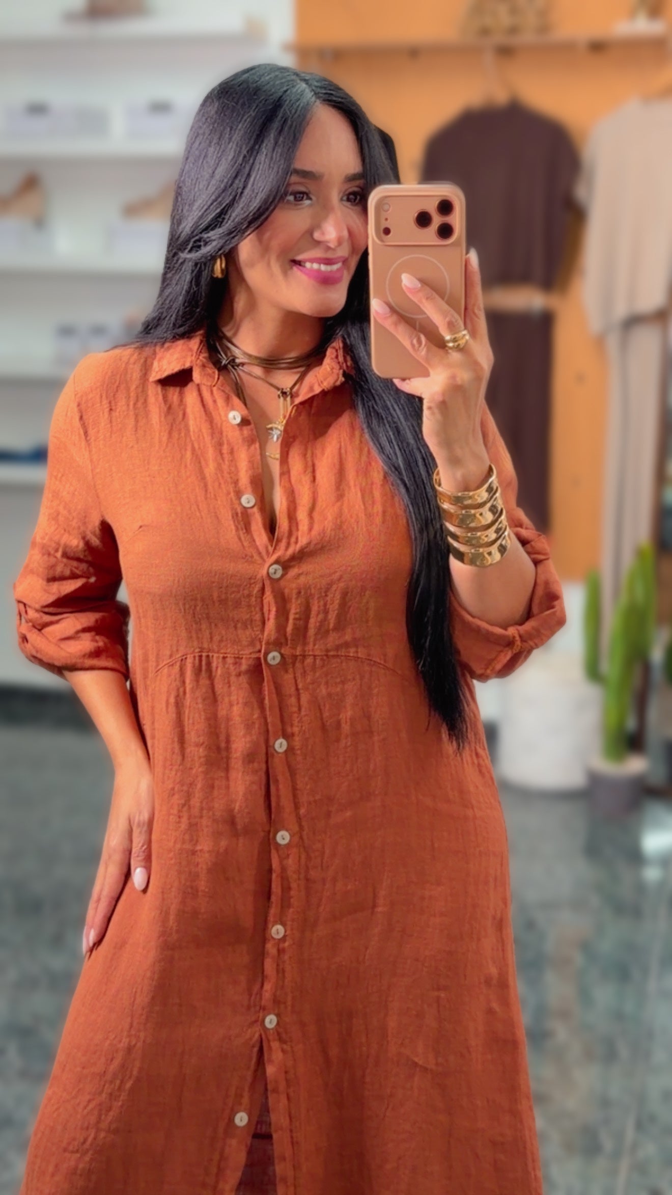 Italy Copper Linen Button Down Maxi Dress