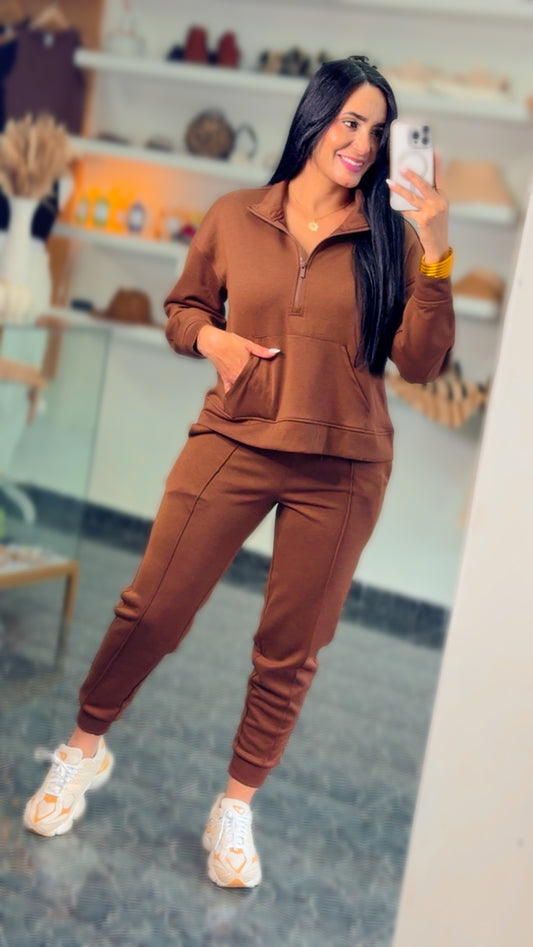 Brown Scuba Half Zip Sweater/Jogger