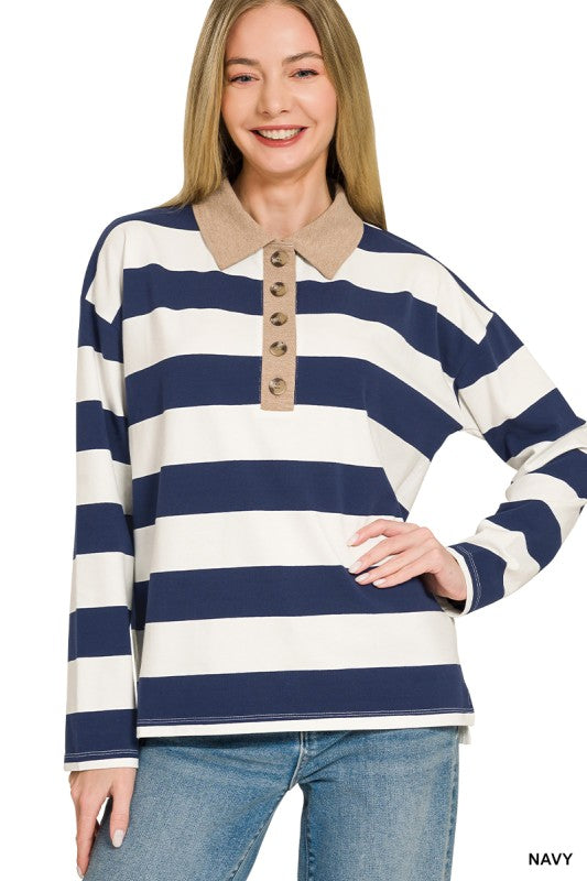 Navy Striped Contrast Collar Polo Tee