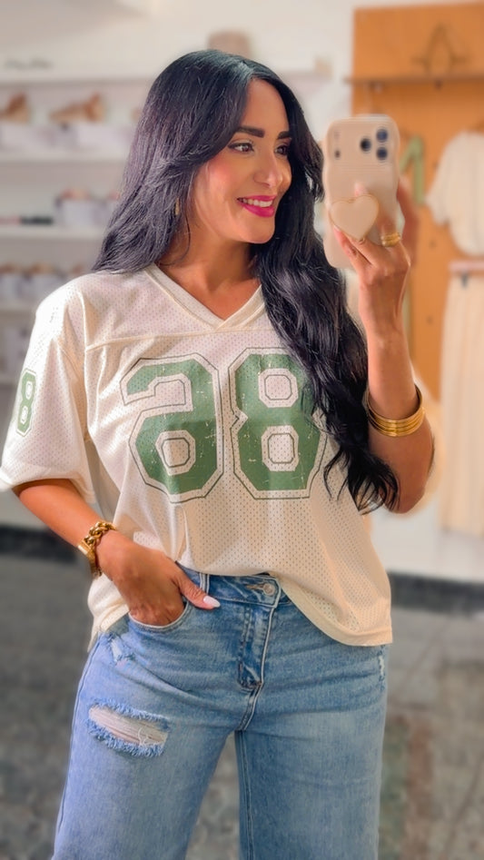 Cream Printed Mesh Baseball TShirt