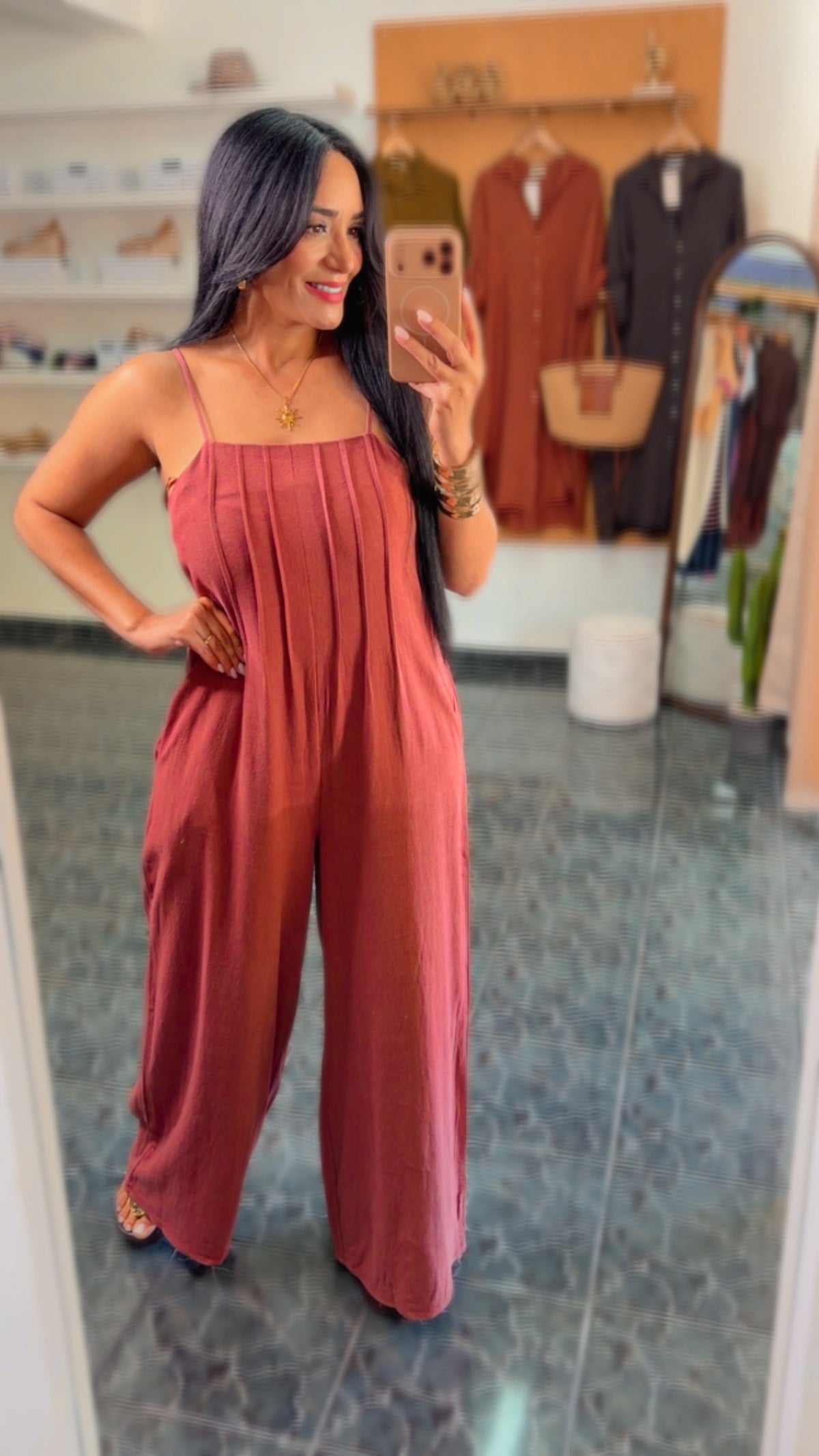 Rust Pleated Woven Jumpsuit