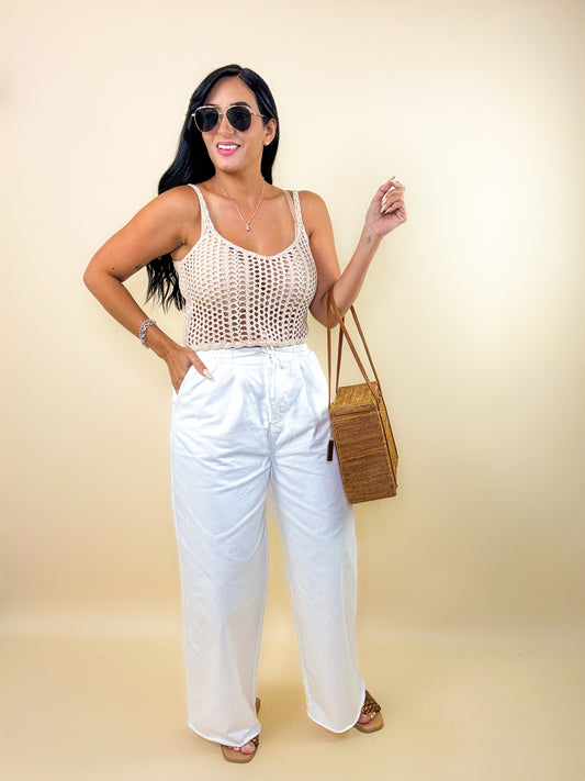White Elasticized Waist Loose Fit Jeans