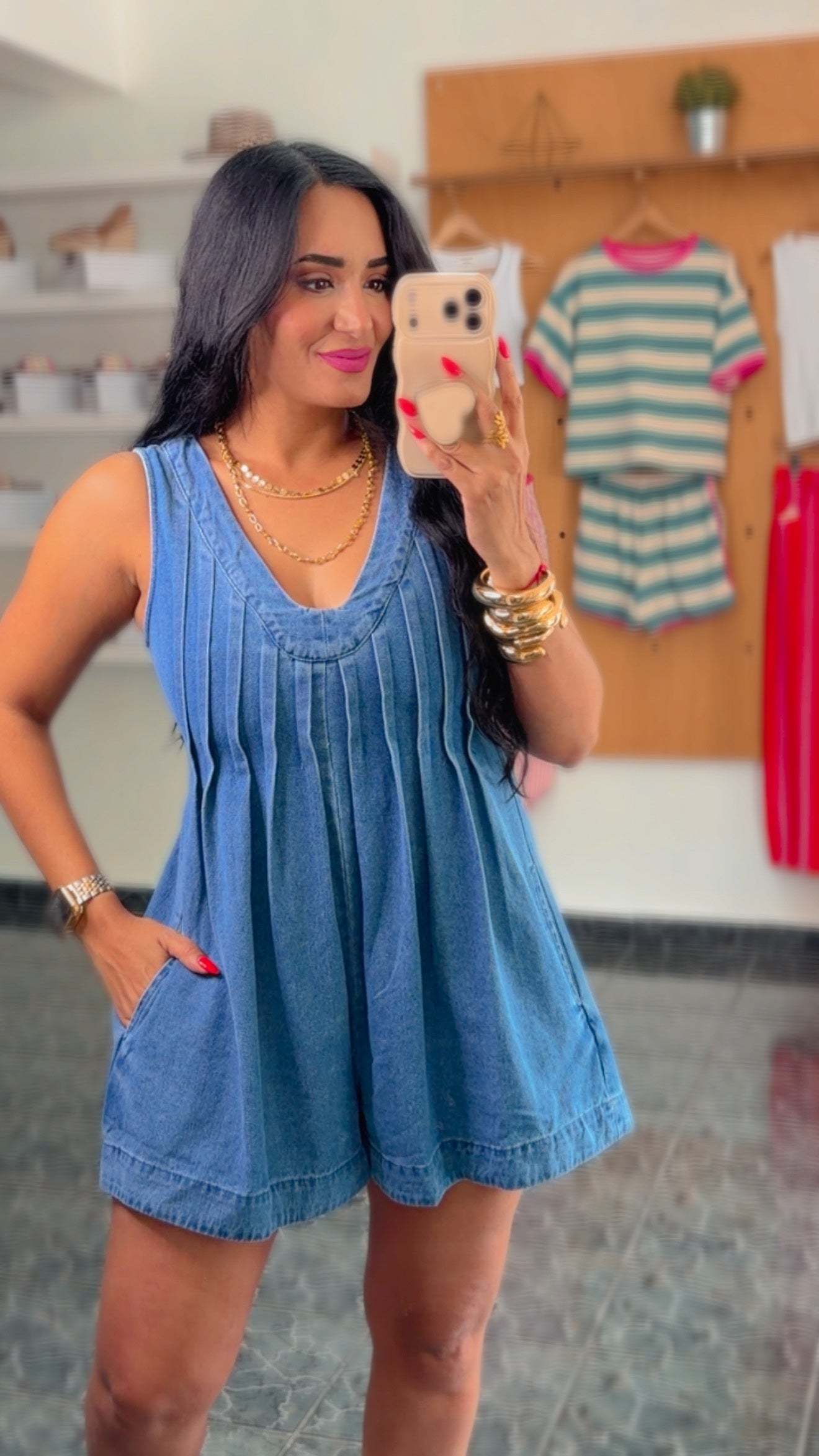 Pleated V Neck Denim Romper