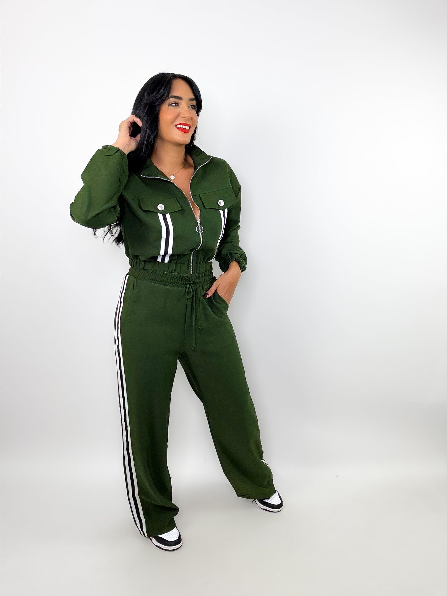 Olive Stripe Tape Zipper Jacket Pants Set