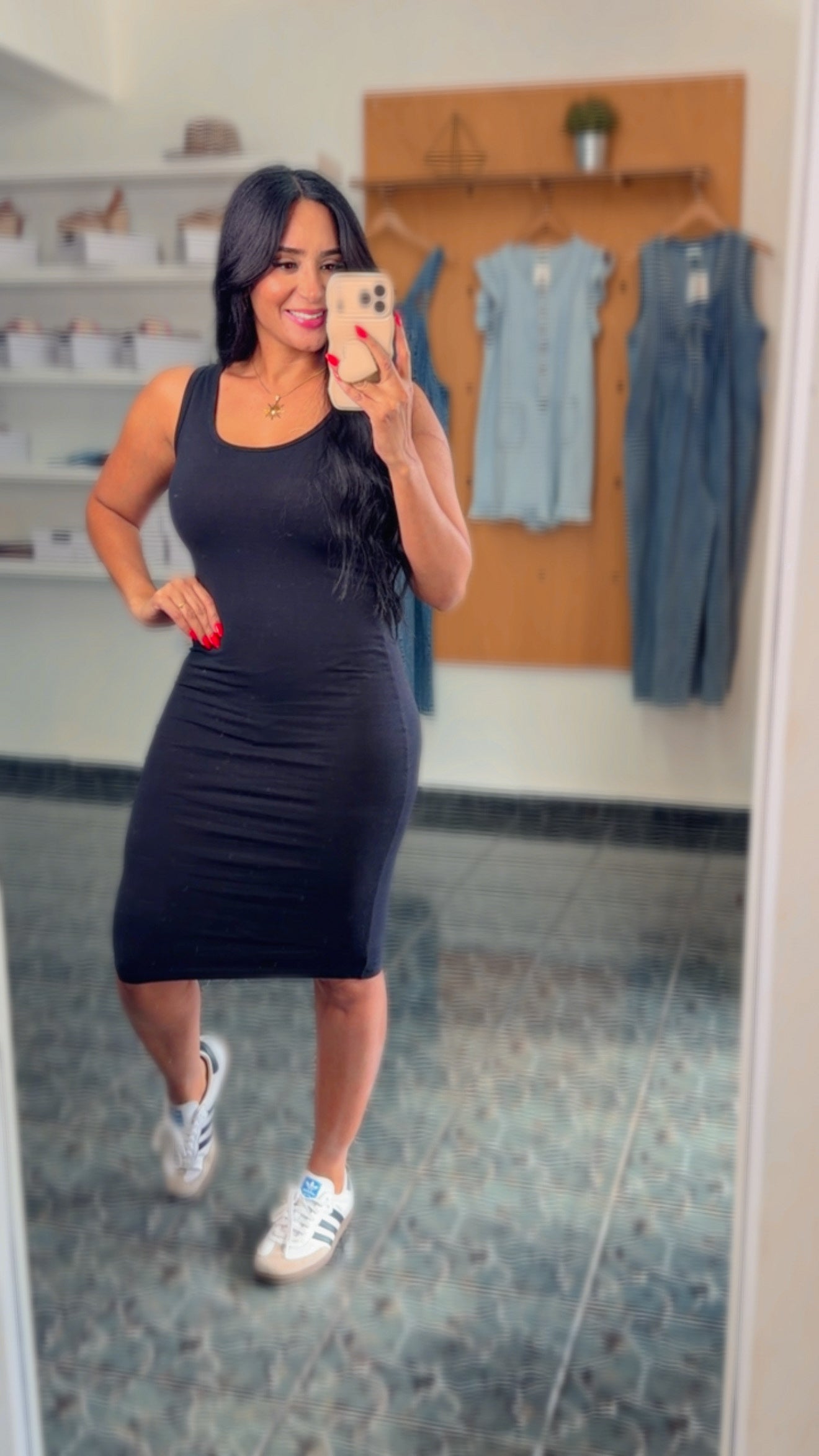 Black Spandex Cotton Midi Dress