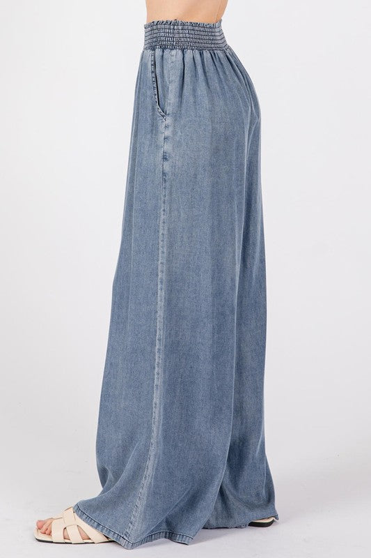 Tencel Waist Smocking Band Wide Leg Pants