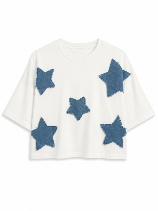 White Denim Star Top