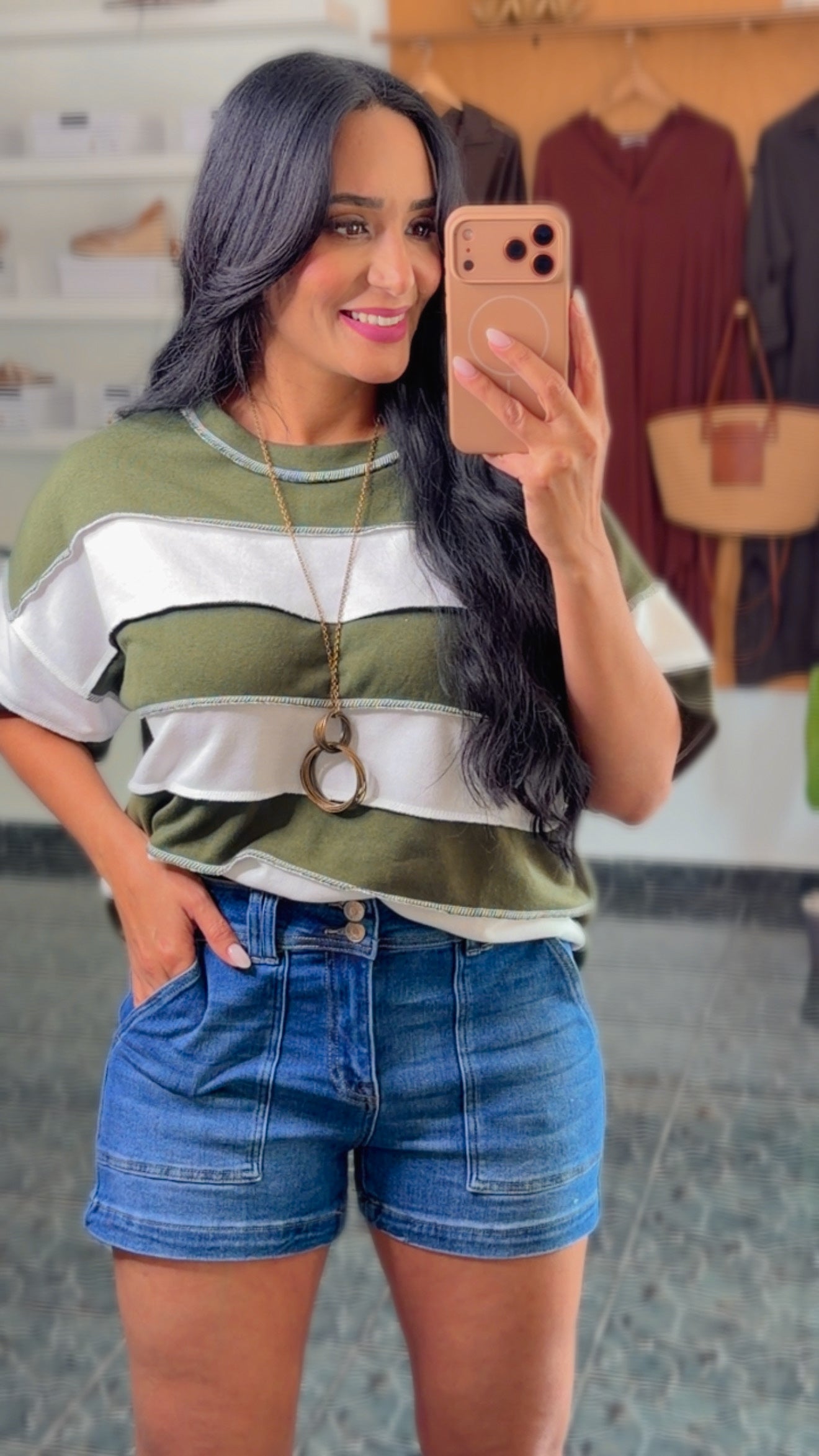 Olive Block Exposed Seam Top