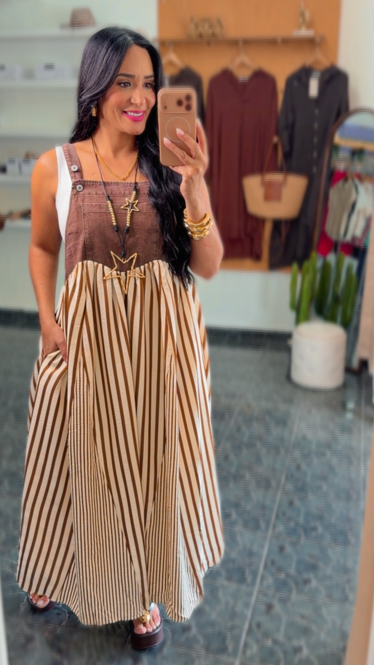 Chocolate Stripe Denim Overall Dress