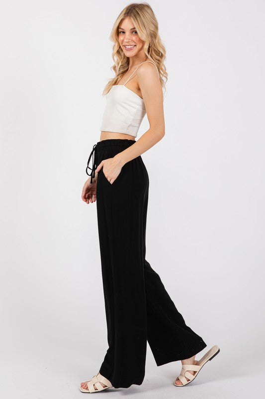 Black Drawstring Waist Wide Leg Pants