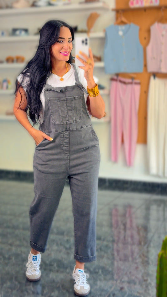 Ash Black Washed Knot Strap Overalls