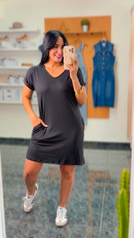 Black Cap Sleeve Pocket Mini Dress