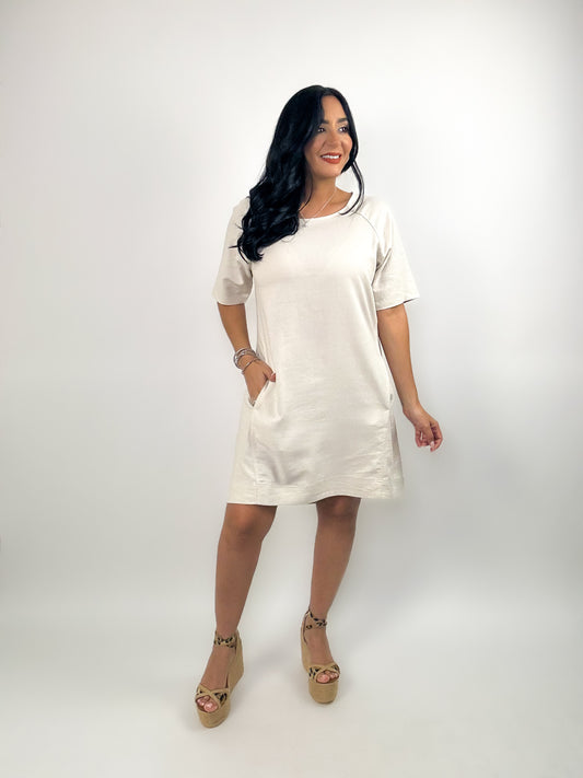 Sand Beige Linen Side Pockets Dress