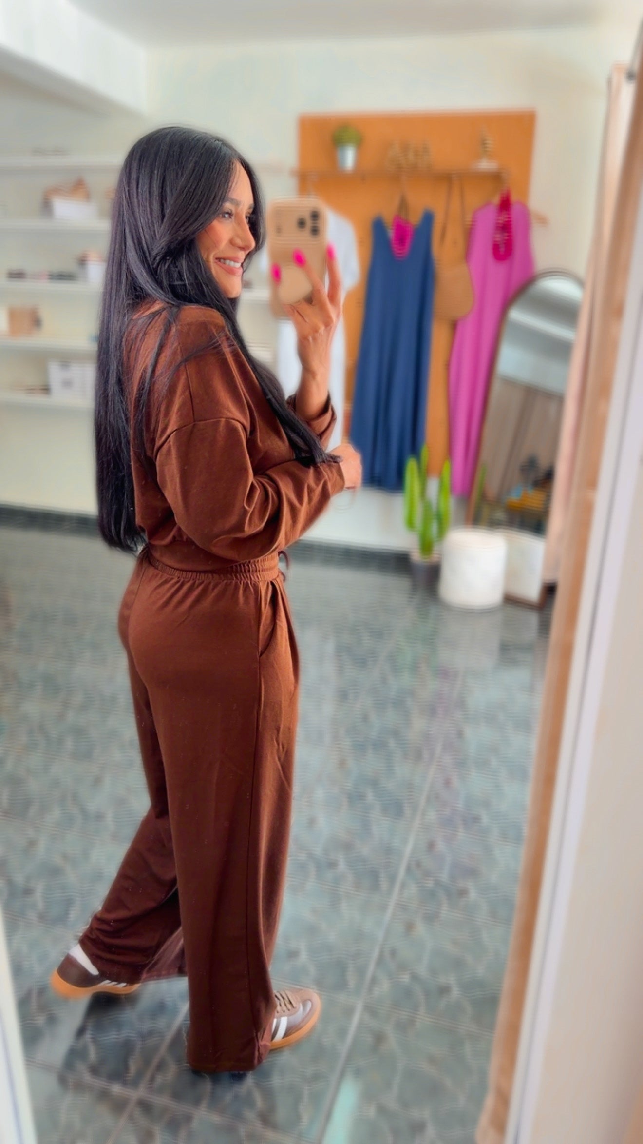 Brown French Terry Off Shoulder Set