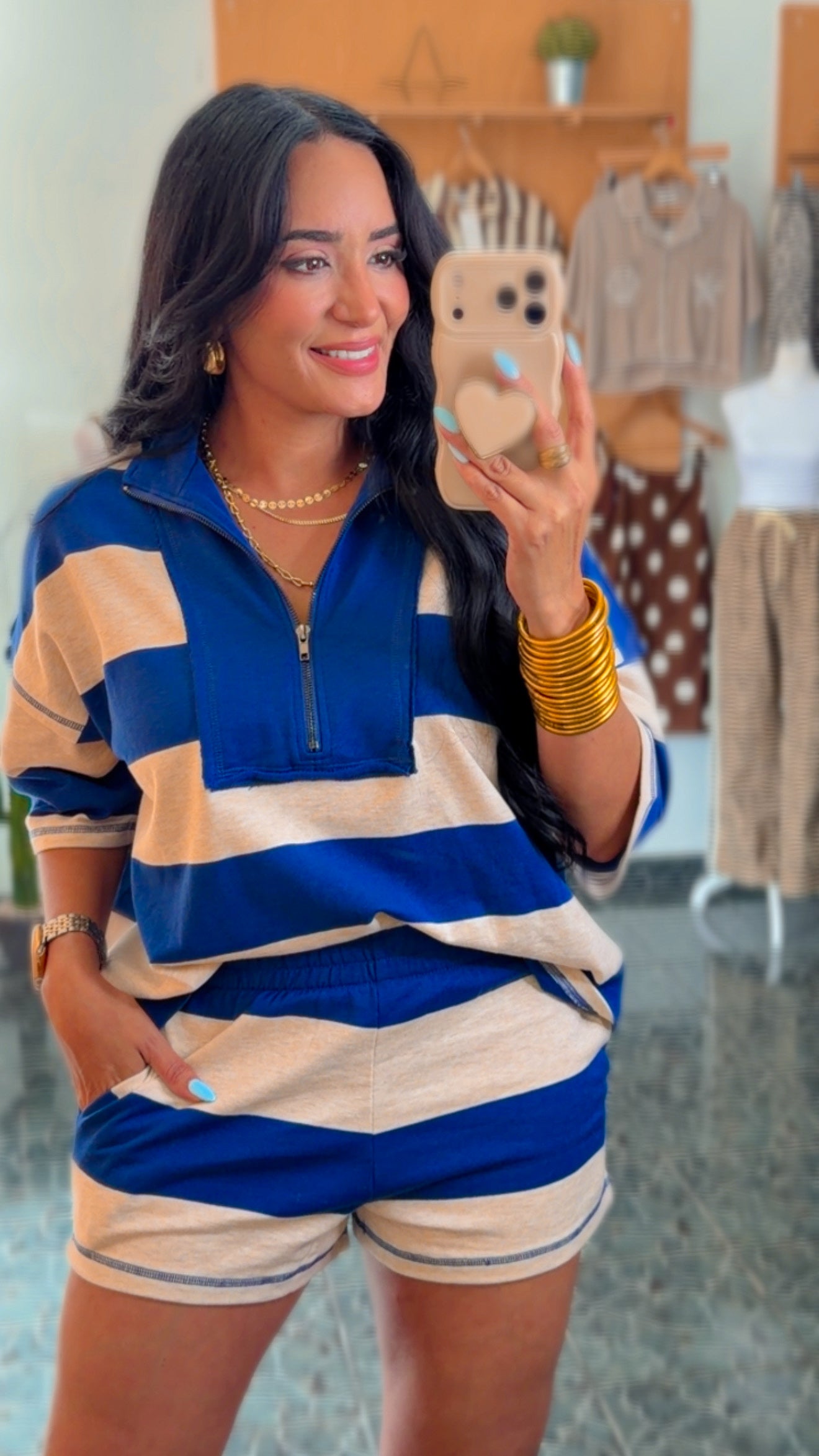 Navy French Terry Stripped Half Zip Set