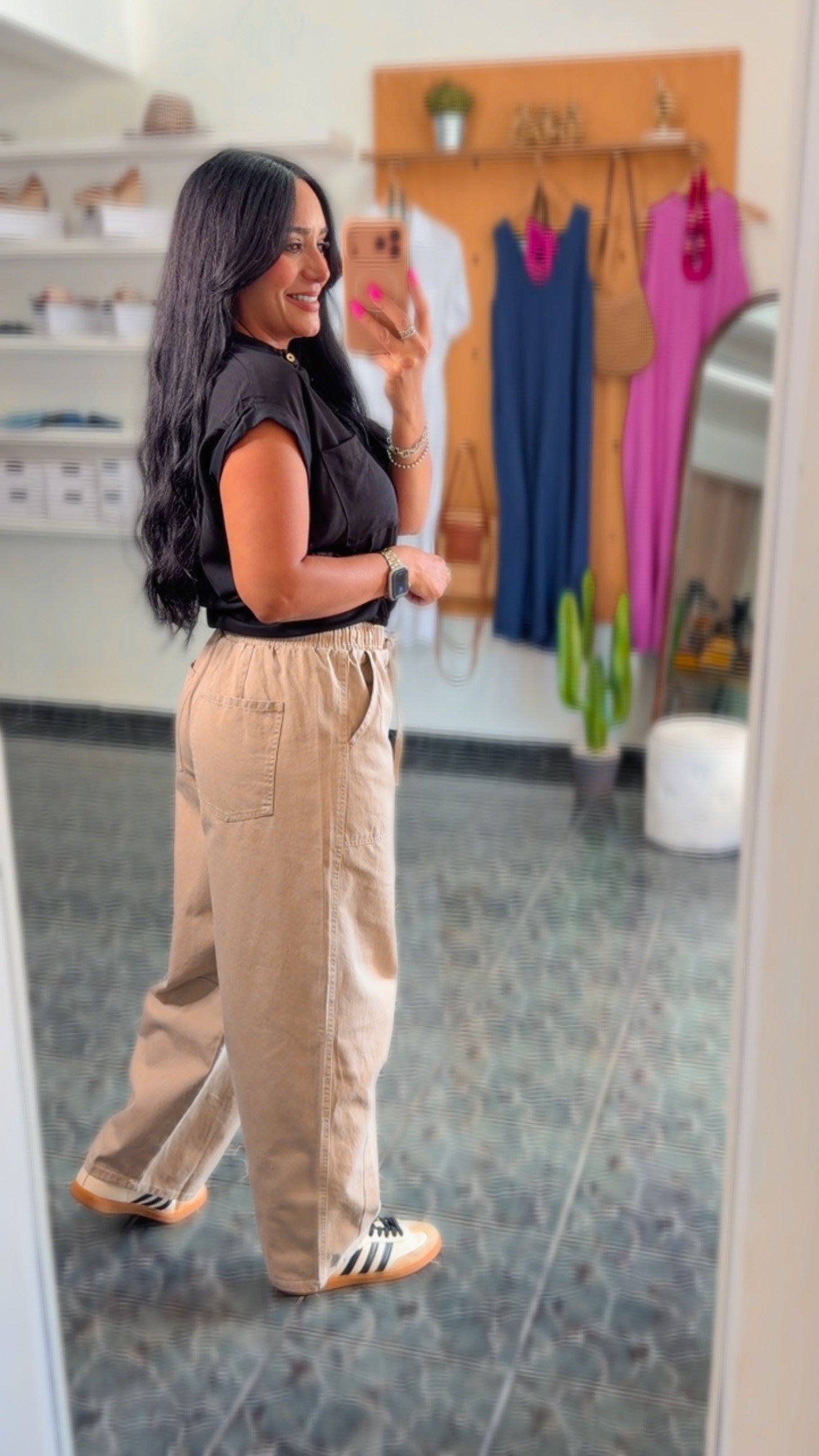 Beige Twill Elastic Waist Barrel Pants