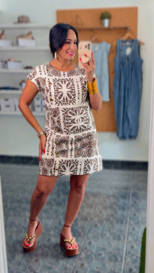 Walnut Scalloped Buttons Print Dress