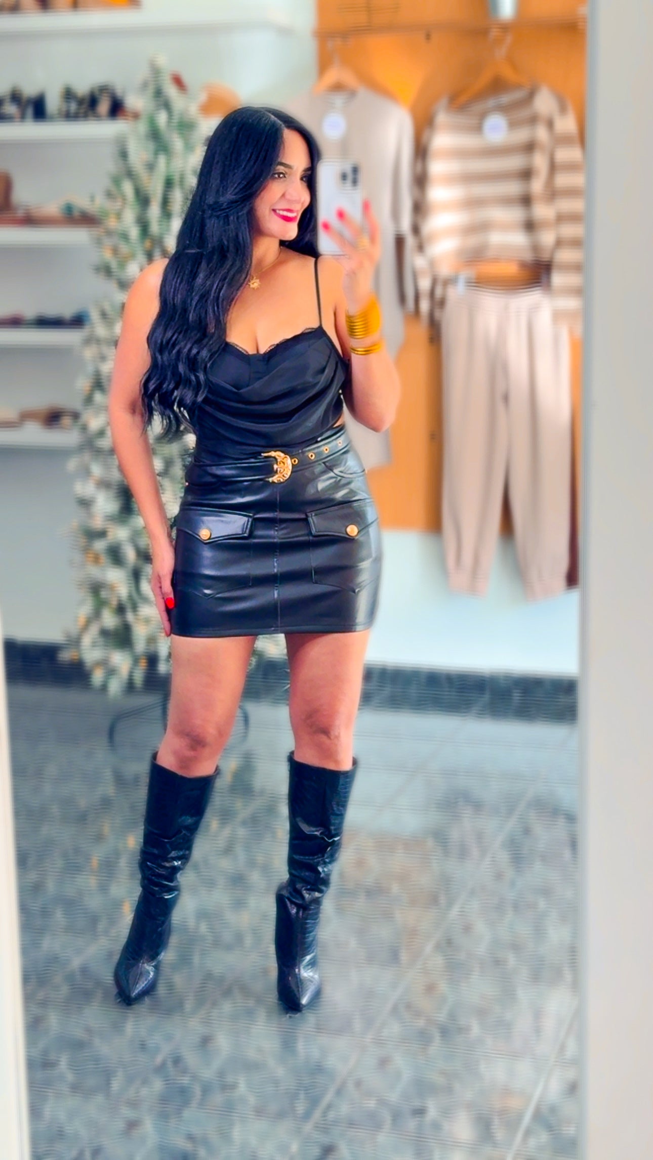 Black Leather Belted Skirt
