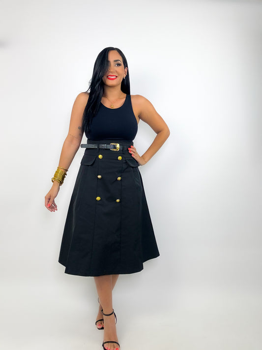 Black High Waist Belted Midi Skirt