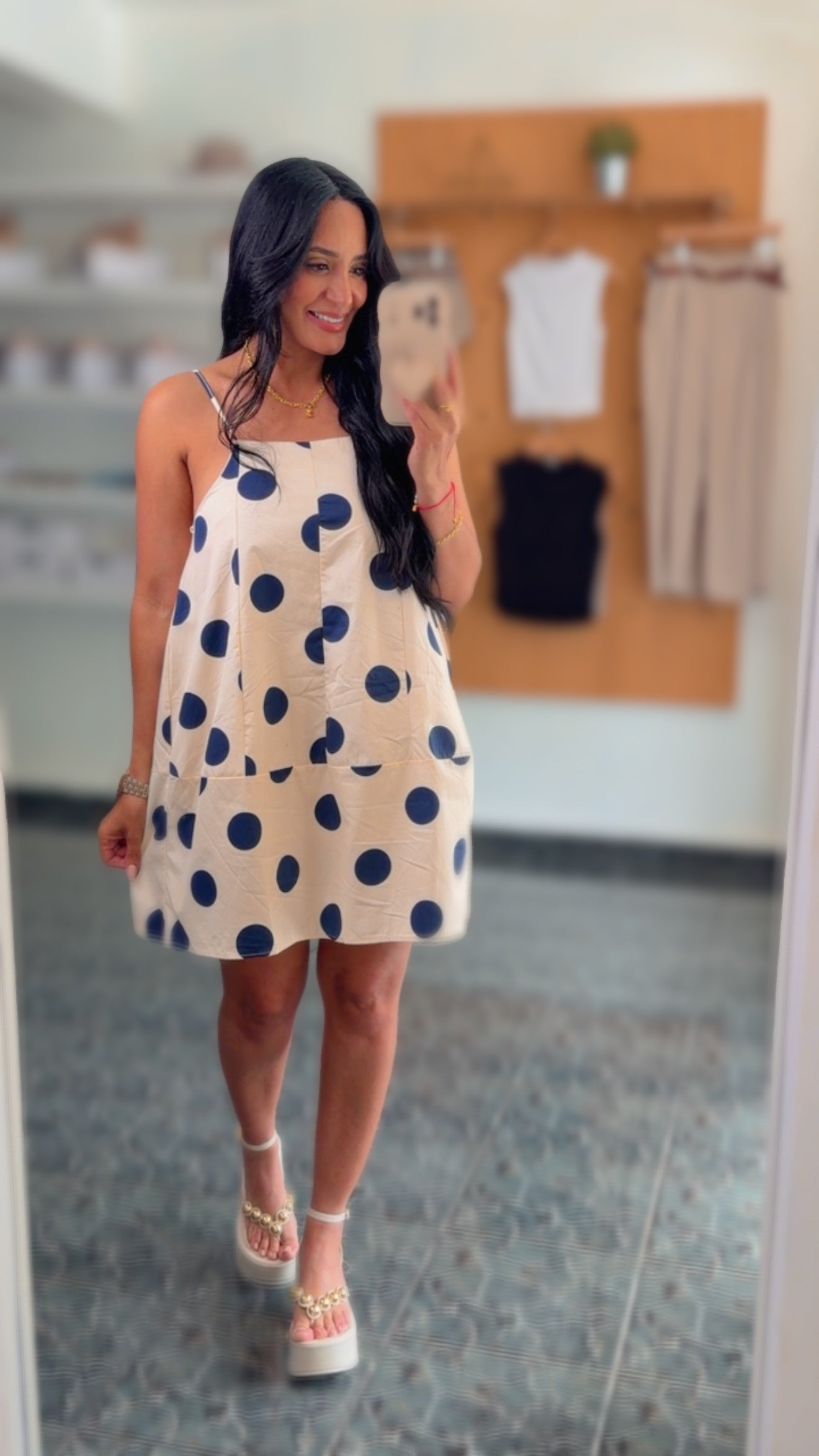 Cream/ Navy Polka Dot Barrel Dress