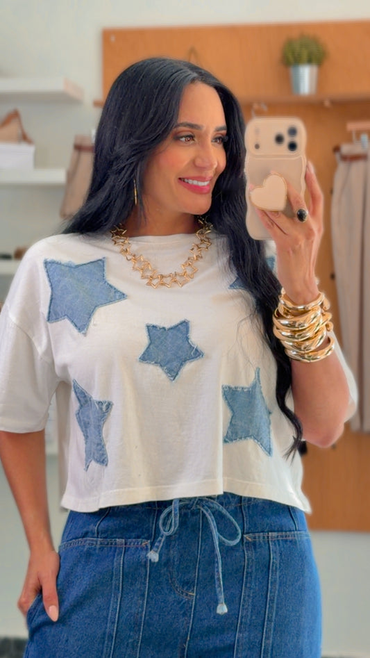 White Denim Star Top