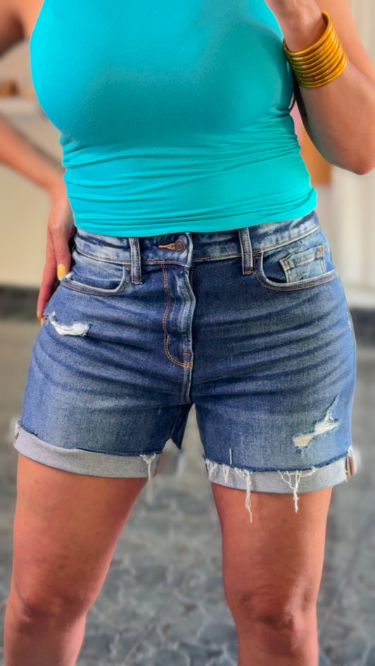 Dark Denim Distressed Spandex Denim Shorts