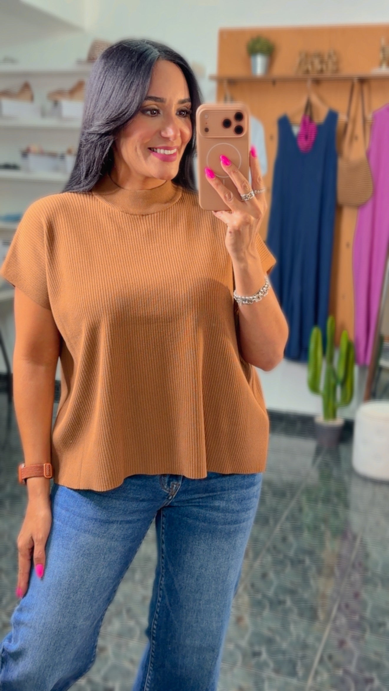 Camel Viscose Mock Neck Sweater Top
