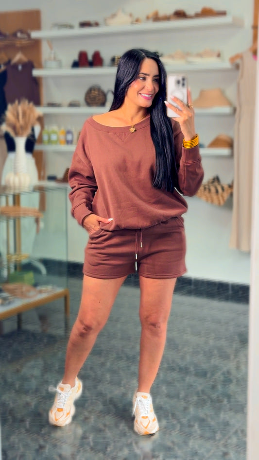 Brown Boat Neck Sweater/Shorts set