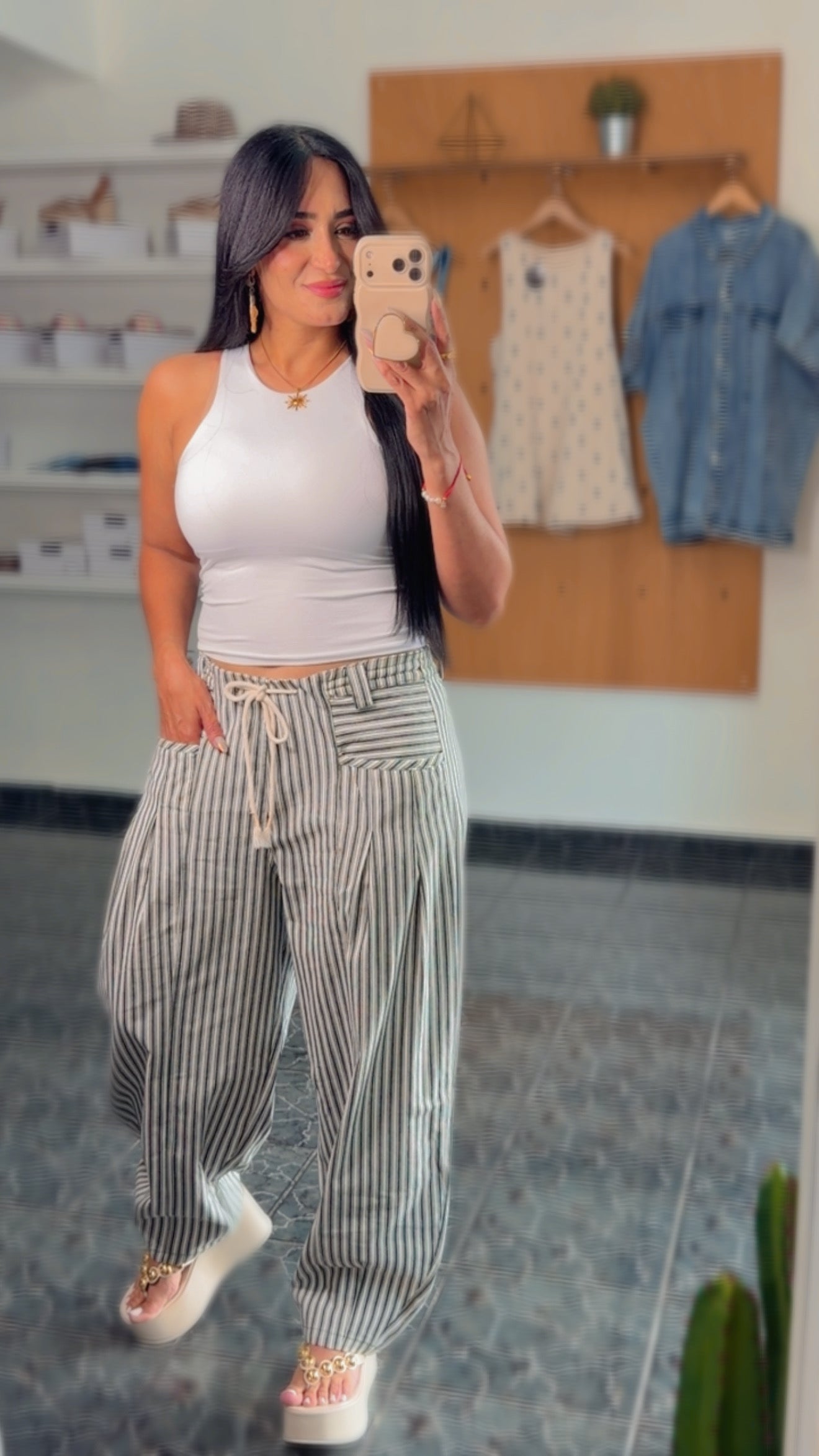 Green Striped Barrel Denim Pants